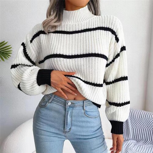 New style sweater semi-high-neck pullover top European and American sweater women's outer wear stripes and contrasting colors, fashionable