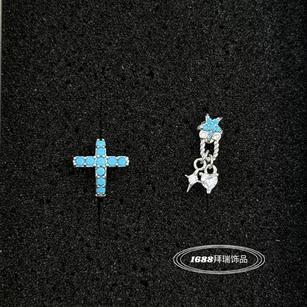 Turquoise blue diamond-encrusted cross earrings with star pendants, unique design, high-end feel, suitable for women