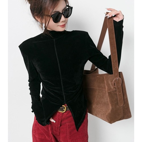 Chao Pa High-Low Collar Plush Blouse with Belted Slit, Coffee Brown, Women's Autumn Base Top
