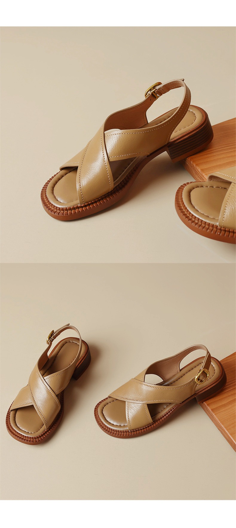 Sandal hở mũi nữ gót thấp 3.5 cm quai chéo da cừu phong cách La Mã — màu trắng ngà chi tiết 12
