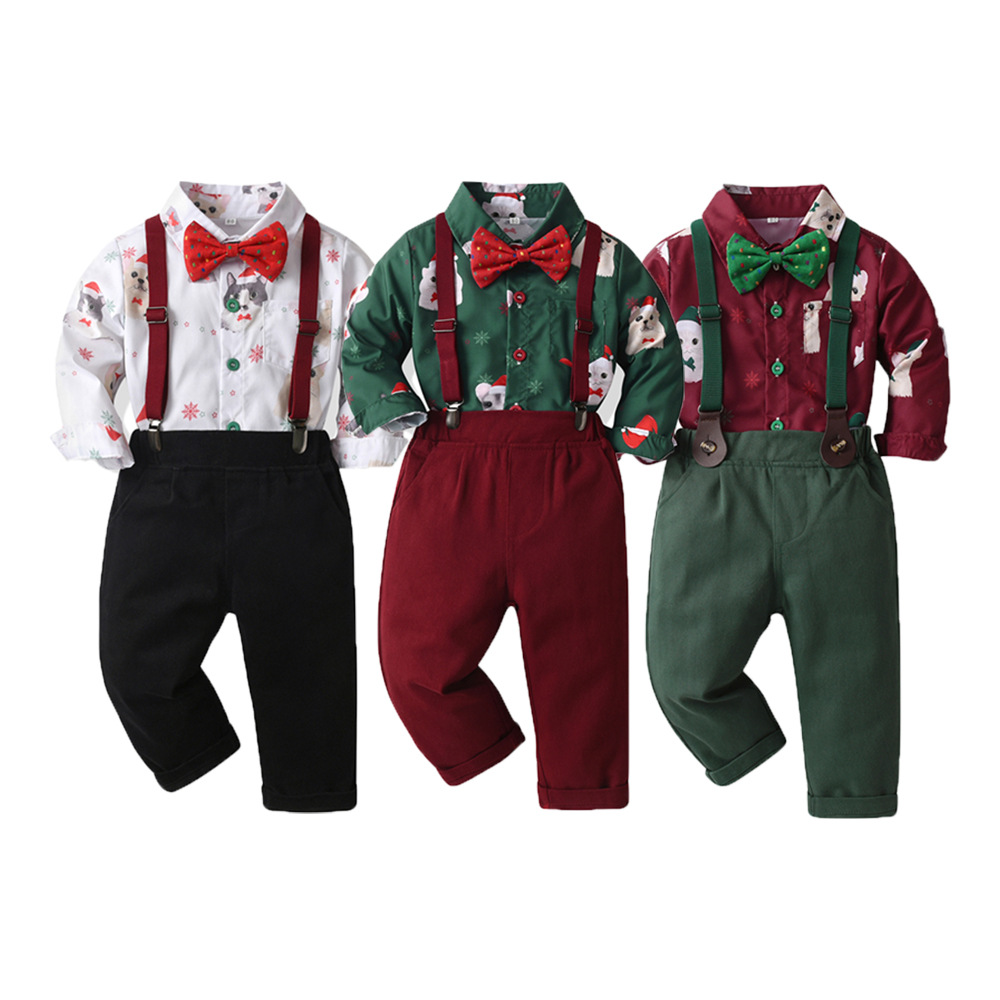 Christmas traje de niño europeo y americano estampado de animales manga larga camisa de Navidad con tirantes traje de dos piezas para niños
