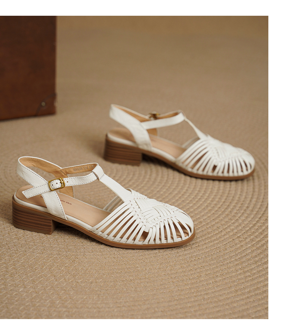 Sandal nữ quai ngang T-clasp gót thấp 4 cm phong cách vintage dệt rỗng — đen chi tiết 18