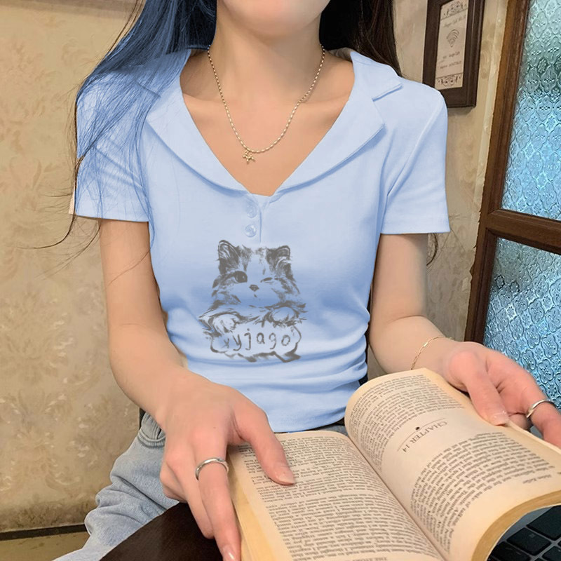 V-Neck Polo Shirt Short-Sleeved T-Shirt for Women Summer Slim-Fit Korean Style Bottoming Shirt with Short Pleated Waist-Cinching Half-Sleeved Top