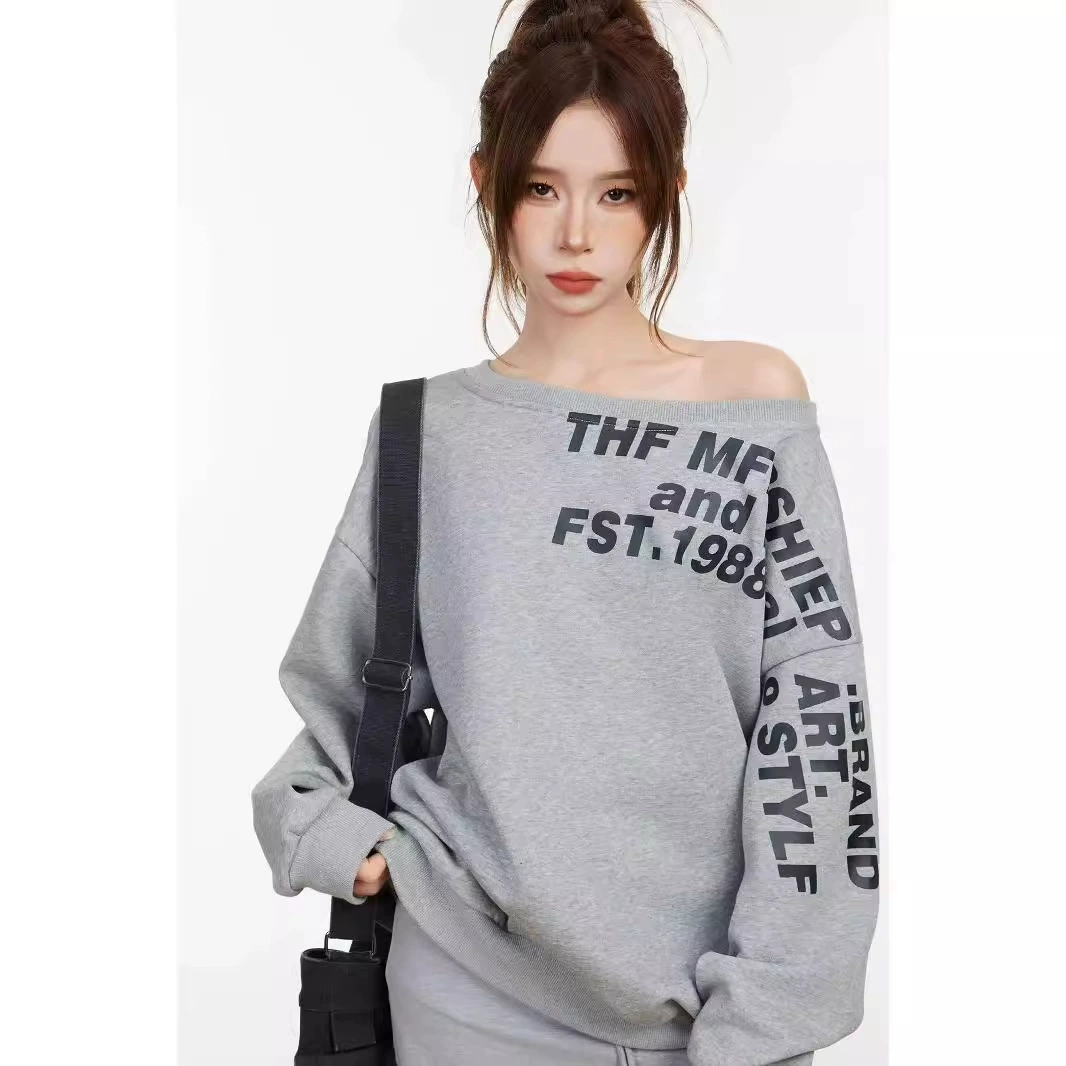 [Имитация Huamian Composite] Американский серый косой плечевой свитер женский свободный осенью и зимой