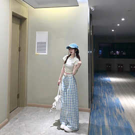 美式复古蓝色格子休闲裤女秋季高腰垂感设计感小众直筒宽松阔腿裤