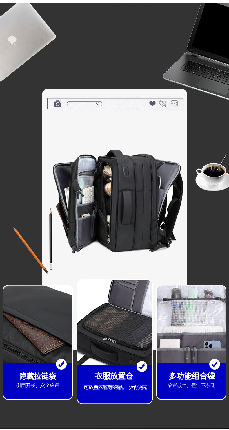 Erweiterbar Rucksack Geschäft Pendeln Dienstreisen großes Fassungsvermögen multifunktional Nass-Trocken-Trennung Freizeit Reisen Laptop-Rucksack