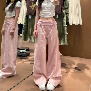 【婵兰】翻腰直筒裤女春秋款透气运动风高腰显瘦垂感慵懒风休闲裤