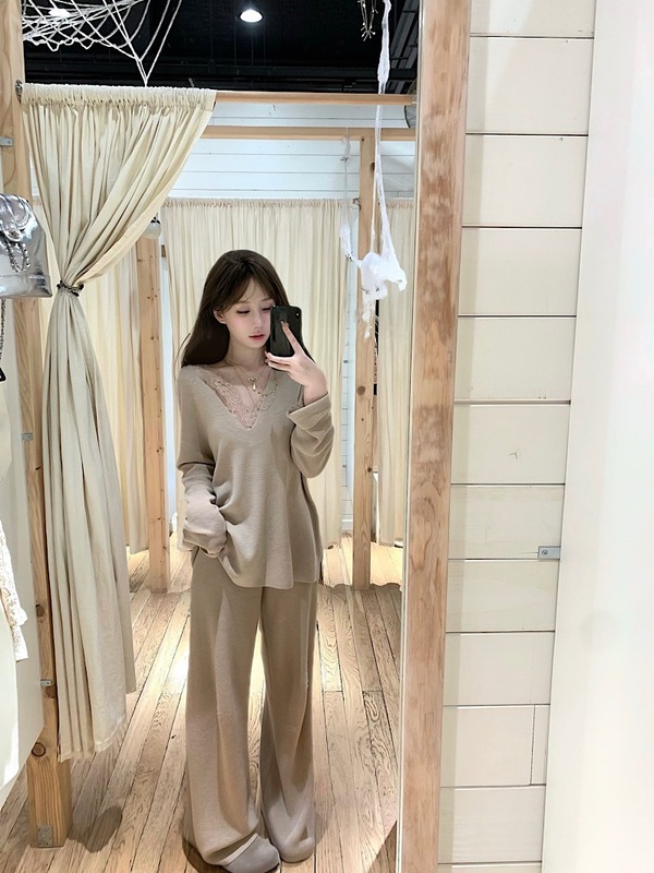 秋冬季新款套装女长袖宽松针织衫上衣蕾丝背心高腰休闲裤子三件套|undefined
