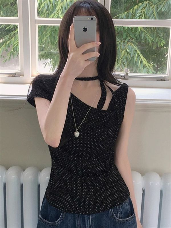 韩系甜美风撞色波点不对称露肩系带t恤女夏季别致修身显瘦上衣潮|undefined