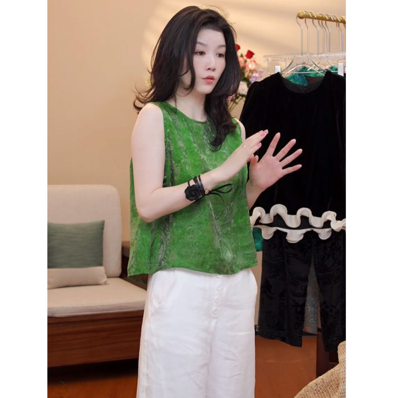 后背纽扣绿色无袖衬衫女轻奢高级感2025新款提花新中式国风上衣女|undefined