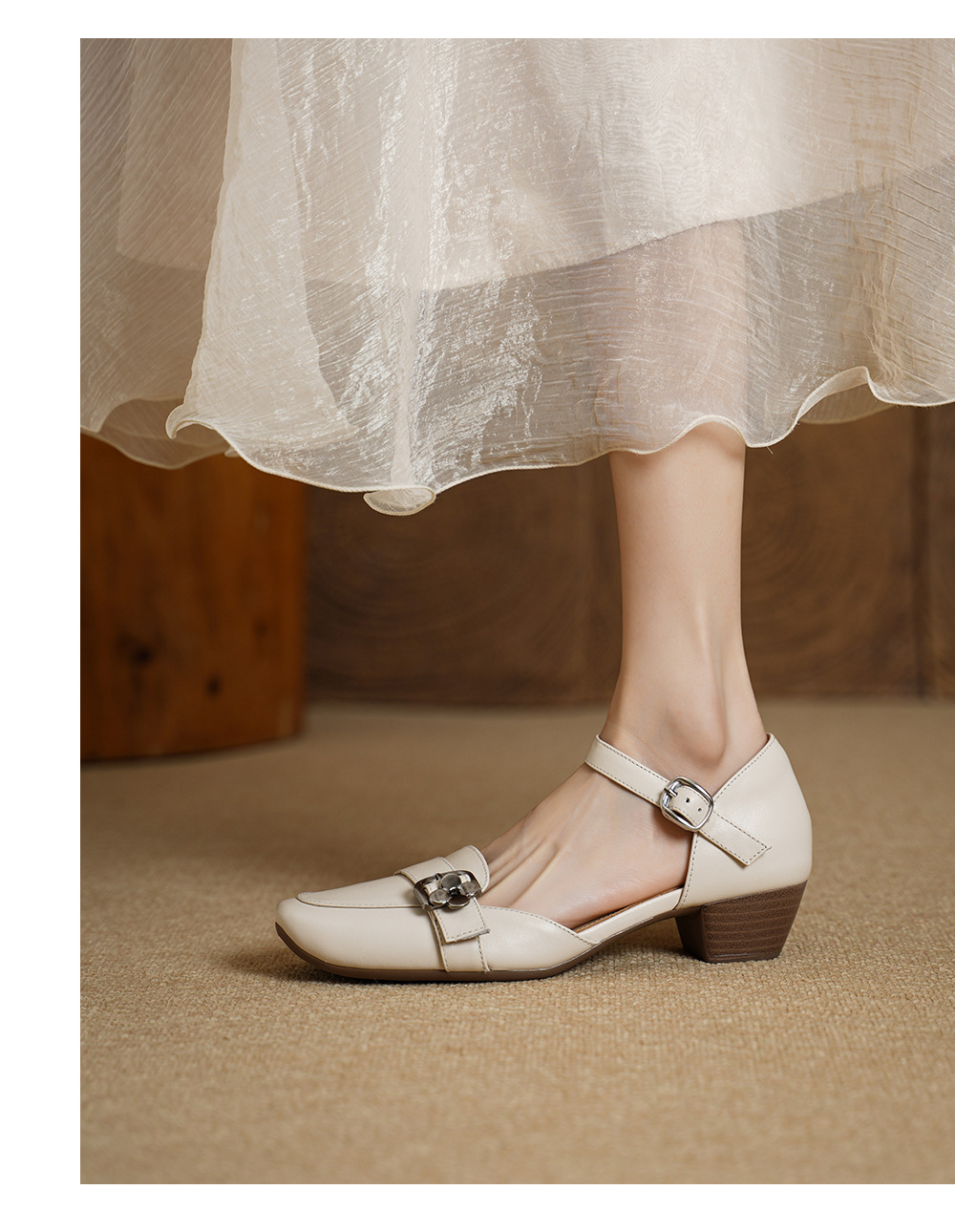 Sandal nữ gót thấp 3,5 cm đầu vuông quai ngang có khóa, phong cách thanh lịch — màu trắng ngà chi tiết 6