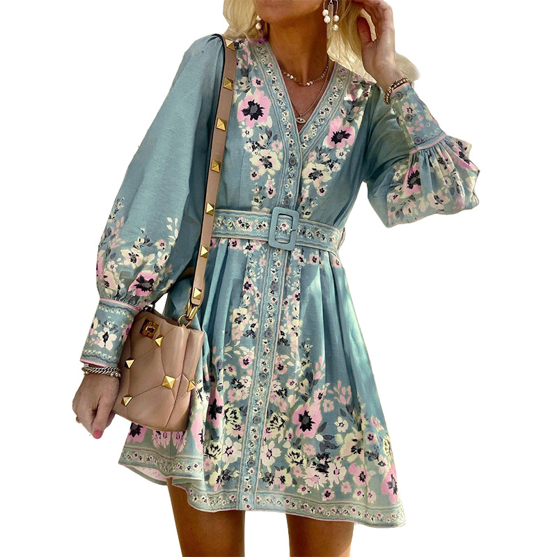 FD949 In Stock Cross-Border 2025 Autumn New Women's Long Sleeve V-Neck Loose Printed Bohemian Dress_ecoleips.com