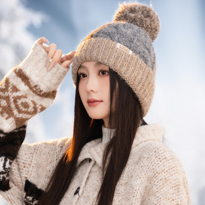 Fashion Versatile Color Block Pom Knitted Autumn Winter Outdoor Fleece Lined Thickened Warm Artistic Retro Pullover Hat_voghion.com