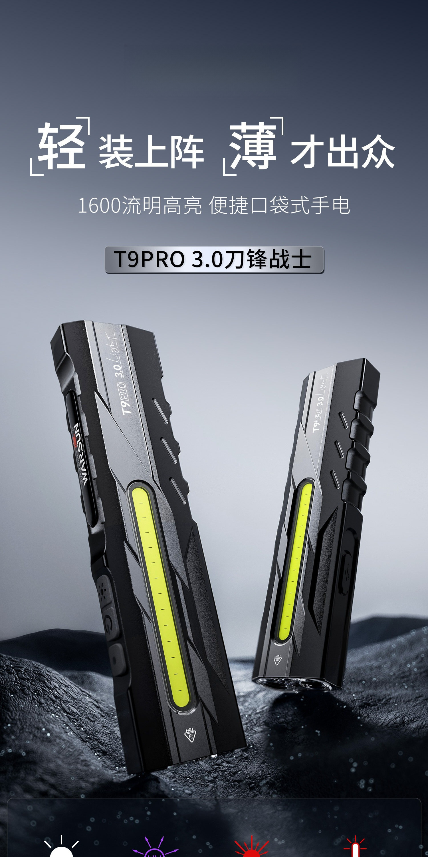 T9pro flashlight, strong light, rechargeable, outdoor repair work light, small, portable, household, magnetic, tactical