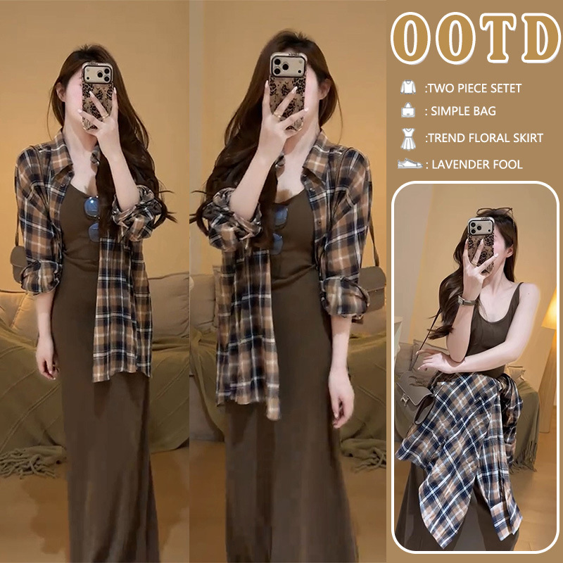 Maternity wear 2026: Women's casual style plaid shirt and suspender skirt set, elegant and slimming two-piece dress