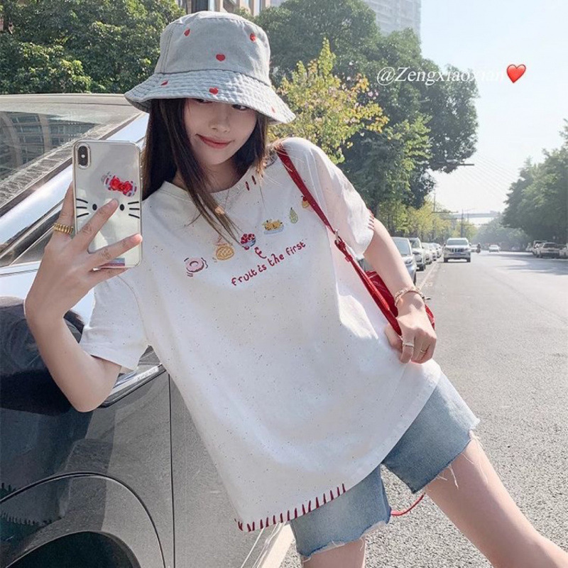 美式重磅纯棉大码女装2025新款重工刺绣百搭短袖T恤女宽松上衣女|undefined