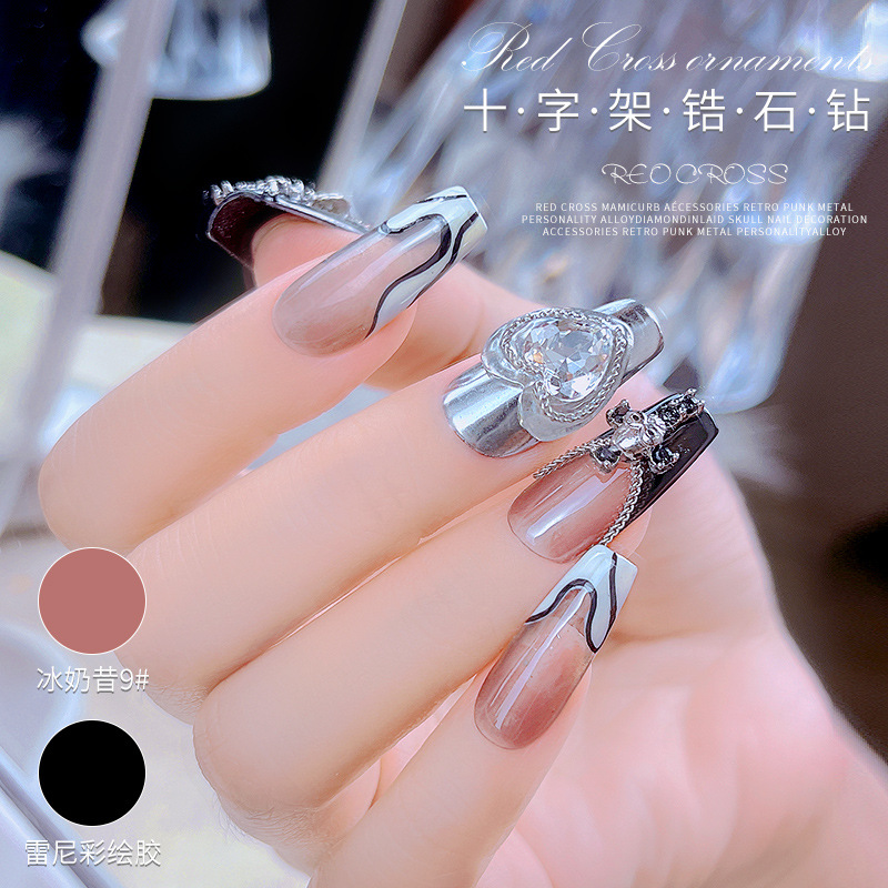 Red Cruz Roja marco joyería de uñas vintage punk metal personalidad aleación diamante incrustado cráneo decoración de uñas