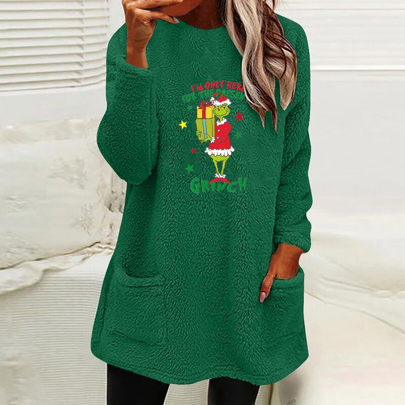 Cross-border Amazon women's clothing New loose long-sleeved Christmas Grinch printed double-sided velvet pocket round neck sweater for women Cross-border Amazon women's clothing New loose long-sleeved Christmas Grinch printed double-sided velvet pocket round neck sweater for women