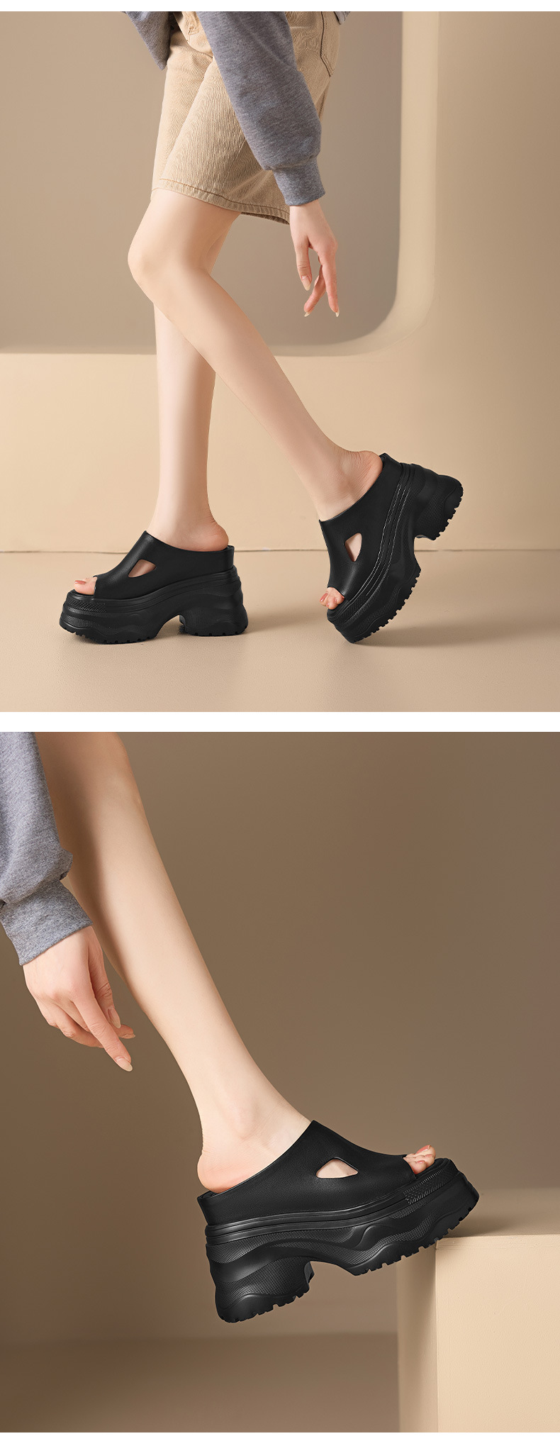 Sandal cao gót nữ hở mũi đế dày 12 cm, phong cách đường phố — màu đen, Trắng kem- chi tiết 9