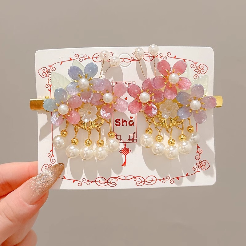 Niños flores de perlas para el cabello de mujeres estilo antiguo estilo Han toque de cabello de niña super inmortal estilo nacional tarjeta de cabello de niña pequeña para el cabello de clips