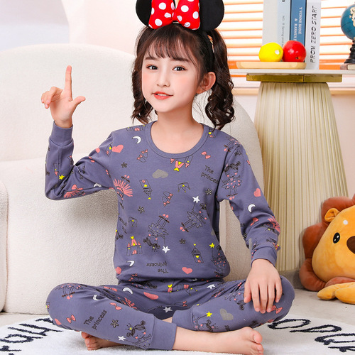 Children's thermal underwear set, autumn and winter boys' pure cotton bottoming shirts, girls' cartoon cotton round neck autumn clothes and long trousers