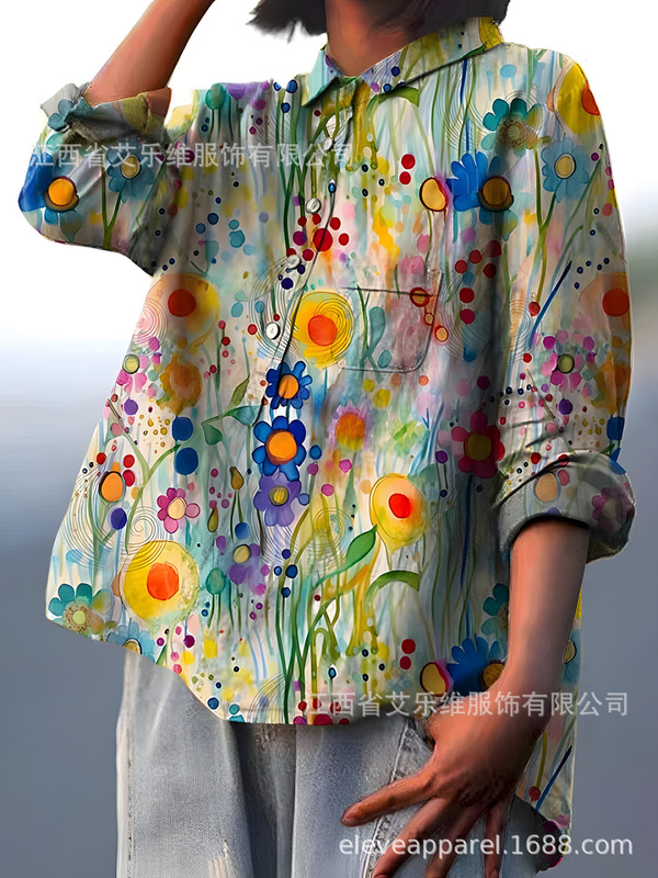 TK東南アジア越境貿易 夏 欧米風トレンド 長袖シャツ 花柄風 3Dデジタルプリント レディーストップス|undefined