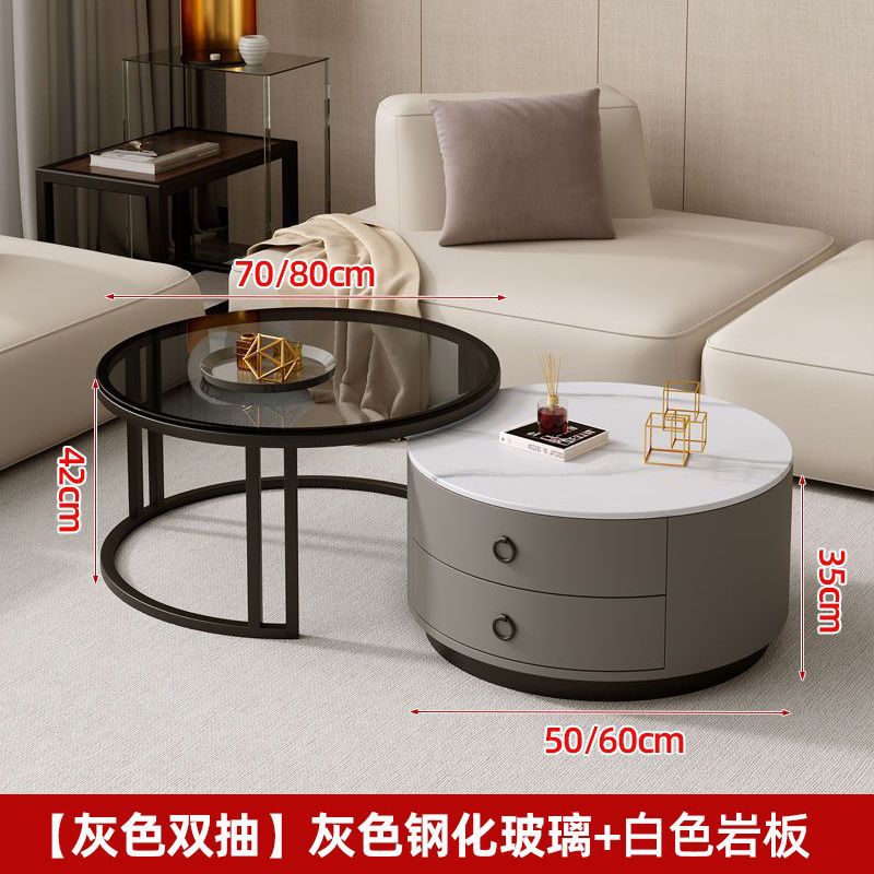 Mesa de centro personalizada, sala de estar para el hogar, lujo ligero, retráctil, placa de roca simple moderna, mesa de centro de doble capa redonda móvil