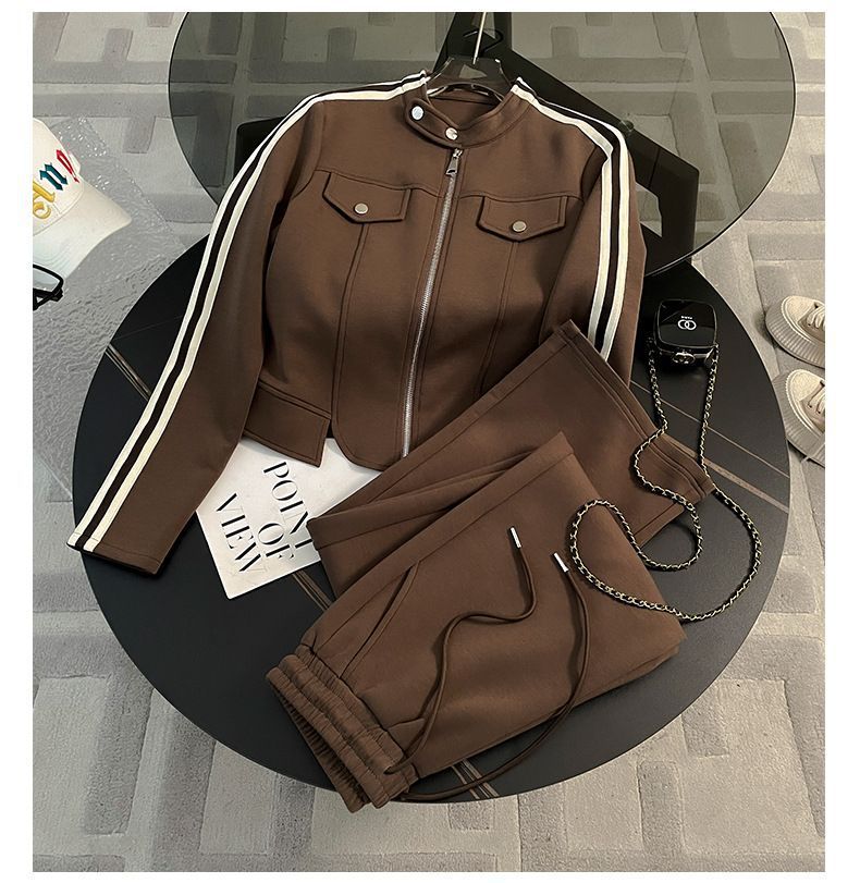 Korean Style Women's Zip-Up Hoodie & Jogger Pants Set - Casual Sporty Outfit (S-2XL, Black/Brown)_ecoleips.com