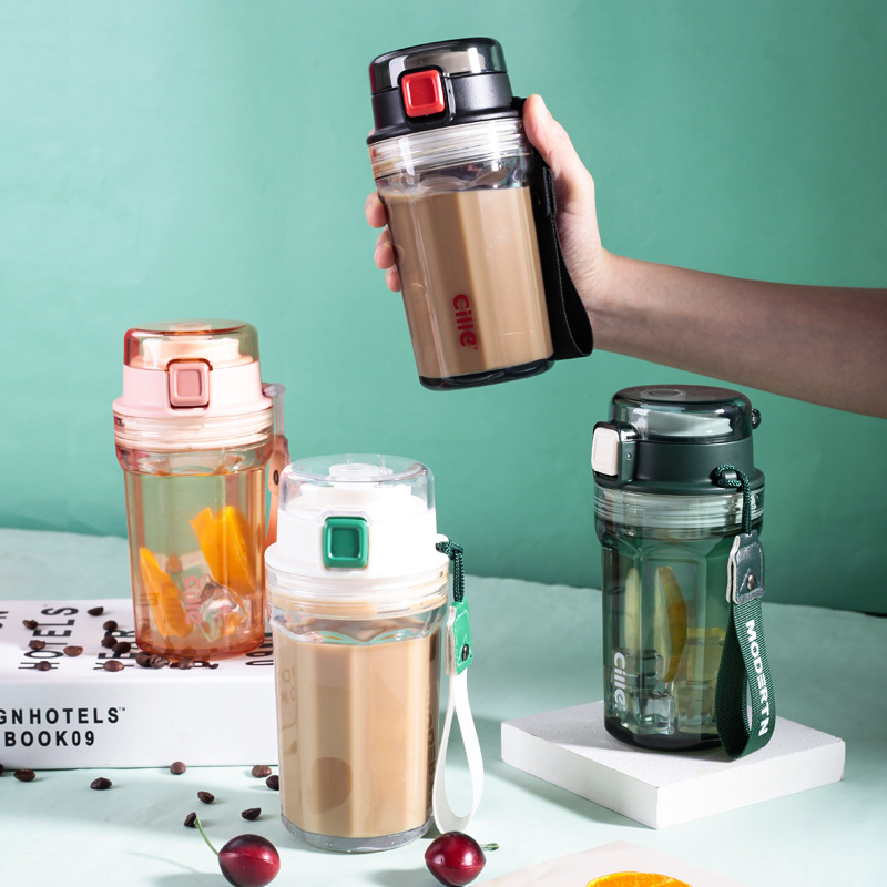 Xile Coffee Cup with Pop-Up Lid, Plastic Water Cup, Juice and Milk Tea Cup, Large Capacity, Simple Design with Carrying Strap, Straw, Pop-Up Lid Cup