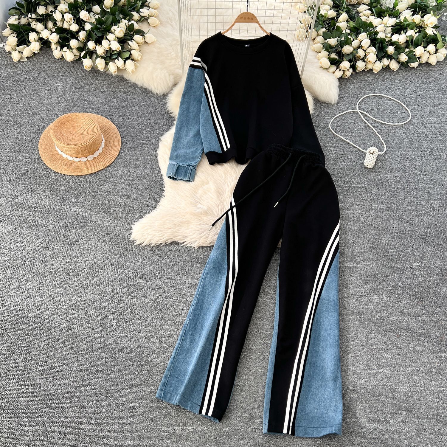Leisure Sports suit Women's Autumn Design Loose Joker Crewneck Sweat High Waist Denim Stitching Pants 2024