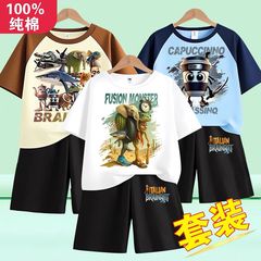 美国外山海经衣服儿童男木棍人100_纯棉短袖t恤裤子潮流两件套装
