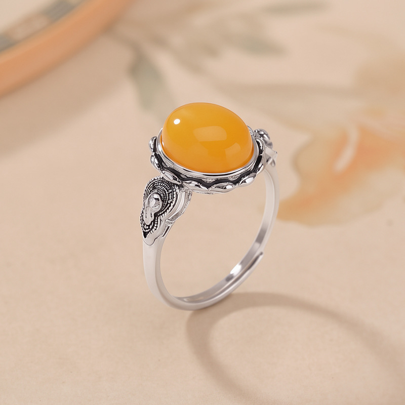Nhẫn bạc S925 hình hồ lô hoa sen mặt oval phong cách vintage — Một mảnh