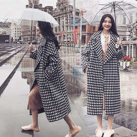 毛呢外套女中长款2024秋冬季新款加厚复古小个子千鸟格呢子大衣潮