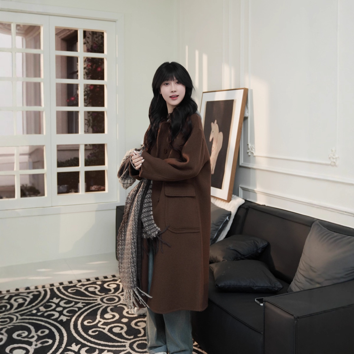 Double-Sided Wool Coat for Spring, Autumn, and Winter with a Peter Pan Collar, Slimming, Mid-Length, Woolen, Korean Style, Petite, Fashionable, Versatile, and Loose-Fitting