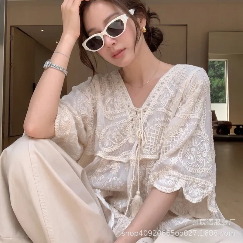 French-Style Romantic Heavy Embroidery Lace V-Neck Tie Shirt for Women, Summer Loose and Lazy Vibe, Age-Reducing Top French-Style Romantic Heavy Embroidery Lace V-Neck Tie Shirt for Women, Summer Loose and Lazy Vibe, Age-Reducing Top