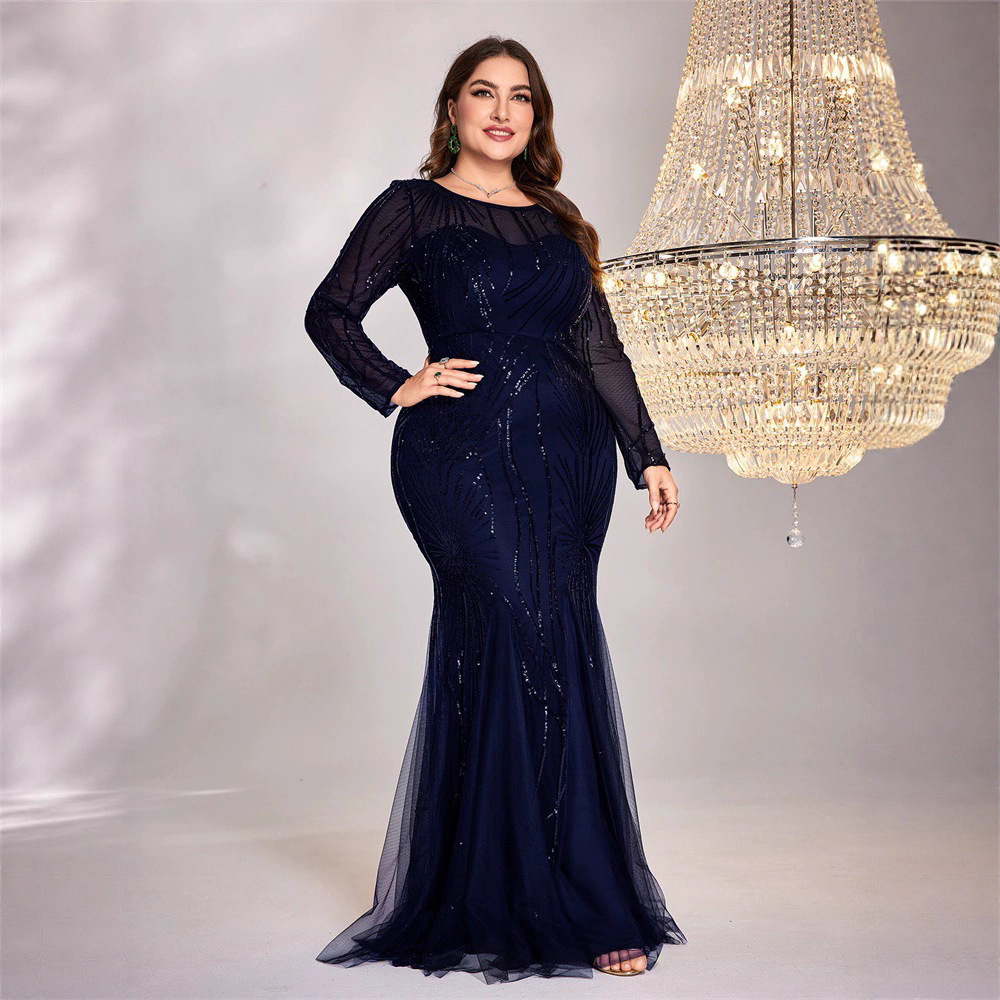 Cross-Border New Plus-Size Sequin Dress Round Neck Elegant Slim Fishtail Dress Bridesmaid Banquet Toast Evening Dress