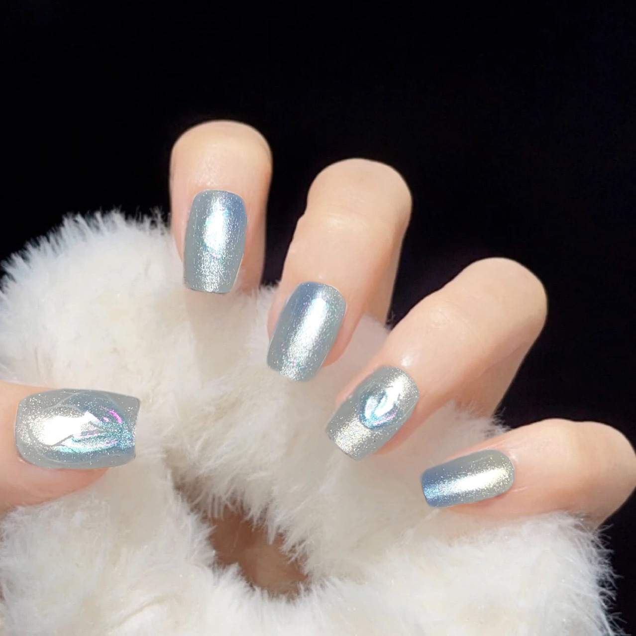 藍色魚尾極光貝殼穿戴甲晶石貓眼美甲貼片全碼30片顯白清新成品