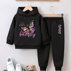 外国貿易の女の子のファッションの服の2つのセットの蝶のプリントの女の子の秋冬のベルベットのズボンのプルオーバーのスーツ