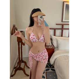 辣妹泳衣女性感比基尼三点式系绳樱桃印花可爱小胸bikin温泉+纱巾