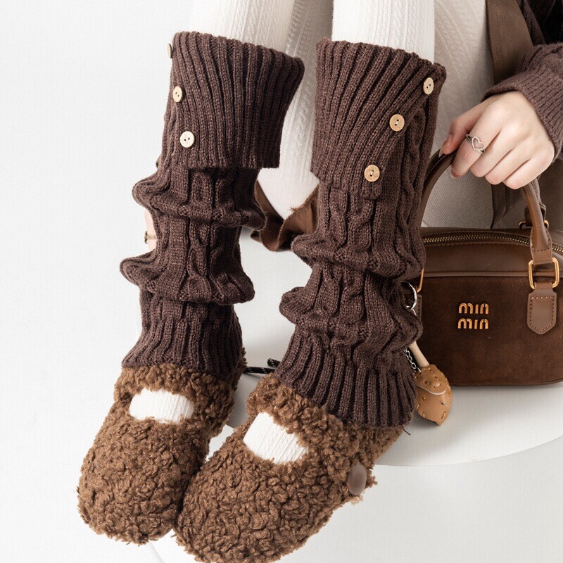 Twist Vertical Pattern Slimming Mid-Calf Leg Warmers for Women, Autumn and Winter Slouch Socks, Knitted Warm Cuffed Buttoned Calf Socks
