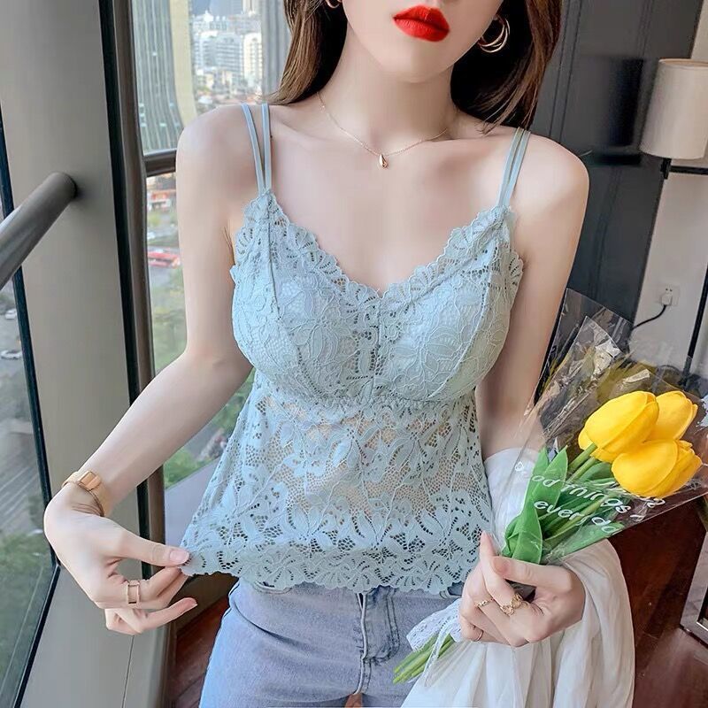 跨境爆款法式美背蕾丝吊带背心女带胸垫镂空内搭夏季薄款打底百搭|undefined