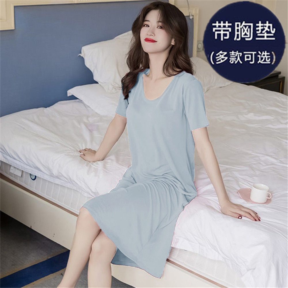 Camisón pijama de una pieza delgada de verano para mujer con almohadilla en el pecho largo sobre la rodilla delgada ropa para el hogar ropa exterior color sólido Comercio exterior
