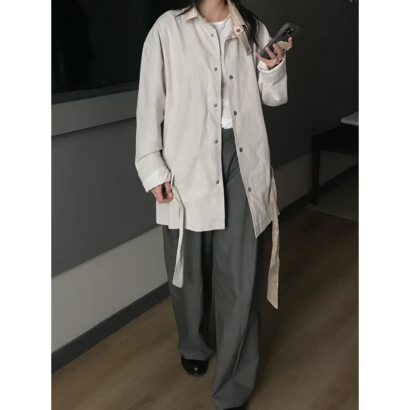 Yuanpai Bluepops2025 New Autumn Style Stand-Up Collar Mid-Length Windbreaker with Belt Design Silhouette Jacket Jc004 Yuanpai Bluepops2025 New Autumn Style Stand-Up Collar Mid-Length Windbreaker with Belt Design Silhouette Jacket Jc004