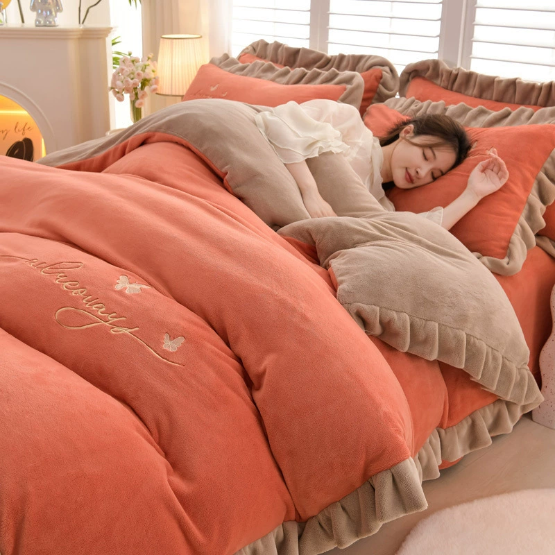 Demi-season velvet autumn warm jeans, double-sided fleece coral duvet cover, flannel set, with embroidery, 4 piece set