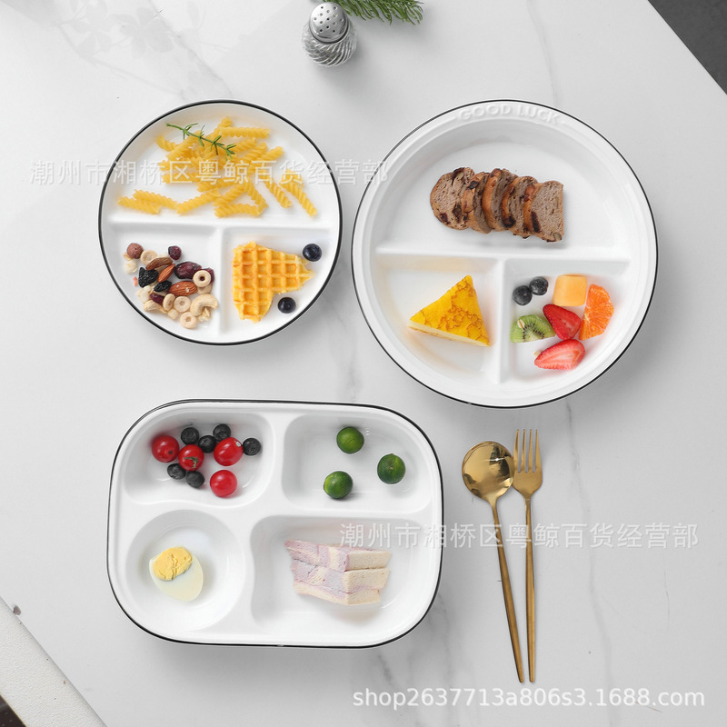 Simple ceramic plates, a set of three-compartment divided plates for home use, suitable for breakfast, serving dishes, and fruit; a gift set for promotional purposes