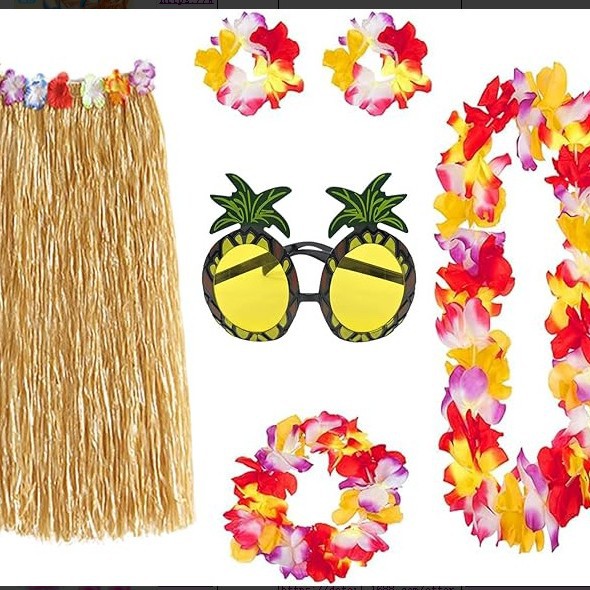 Conjunto actualizado de guirnaldas + falda de paja + gafas
