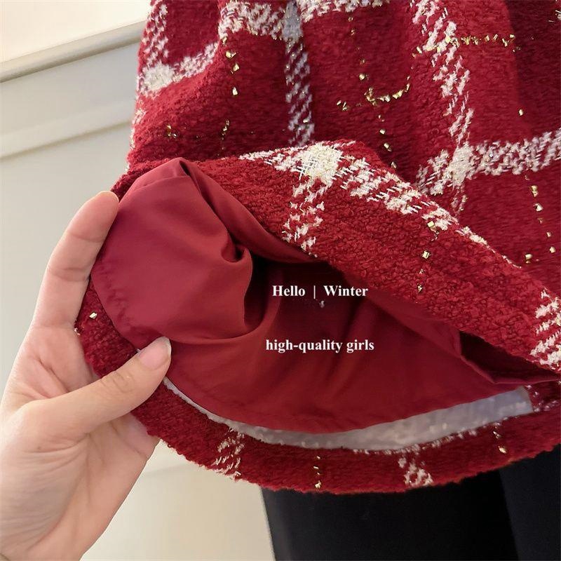 Niñas ropa infantil arco chaleco de alambre dorado vestido de aniversario de otoño invierno 2025 vestido vestido a cuadros rojos blusa