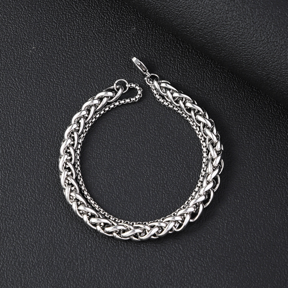 Neues, doppelreihiges Herrenarmband im europäischen und amerikanischen Stil aus Titanstahl mit kubanischer Kette und Drachenknochen-Motiv, schlicht und elegant._voghion.com