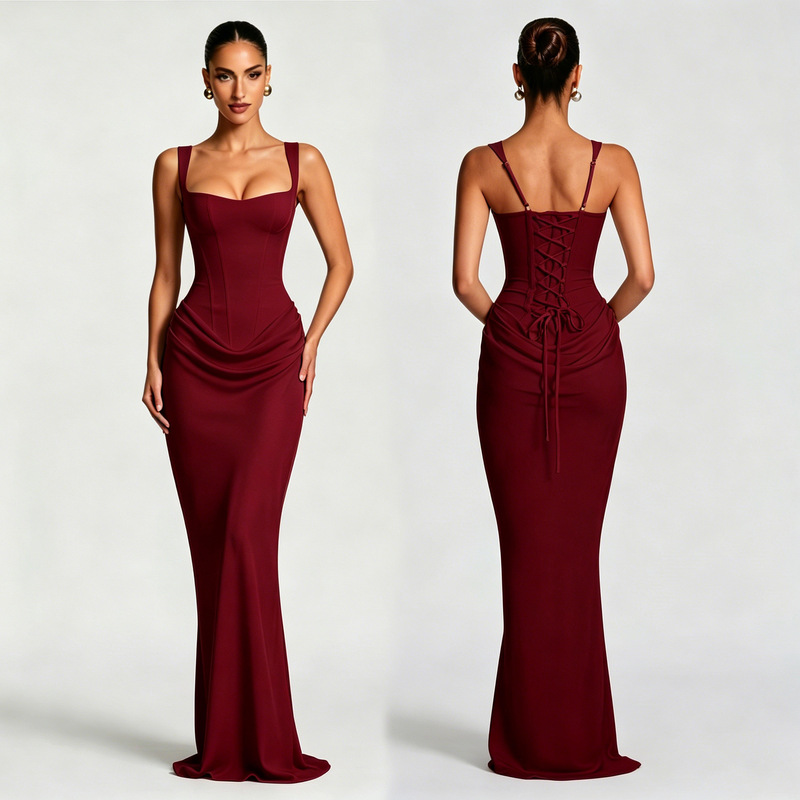 Amazon foreign trade women's slim-fit fishtail long dress with adjustable straps, light luxury evening wedding party dress