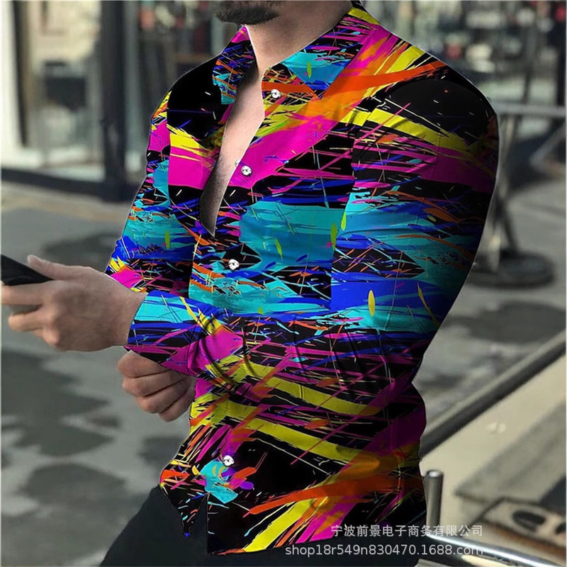2025wish AliExpress 新しいメンズ 3D デジタルプリント長袖シャツ春メンズラペルスリムトップ|undefined